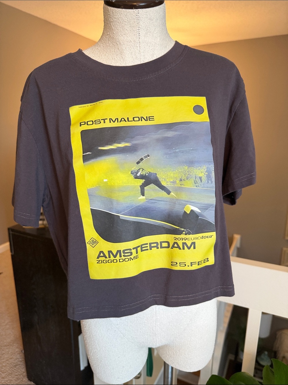 Post Malone Amsterdam Tour Cropped Graphic Tee - Charcoal with Yellow Print